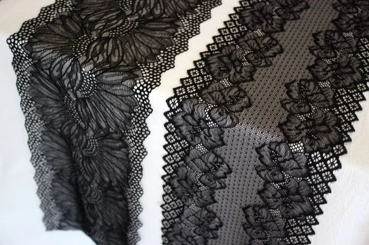 1 Meter Black Elastic Lace Trim - Floral Stretch Lace for Lingerie & Garments