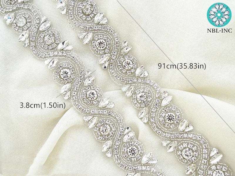 (1 YARD) Silver clear bridal beaded crystal rhinestone applique trim belt gold sewing iron on for wedding dress clothing WDD0278