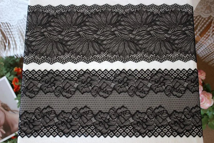 1 Meter Black Elastic Lace Trim - Floral Stretch Lace for Lingerie & Garments
