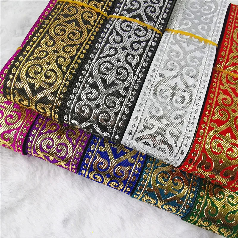 7 Meters 33mm Gold Silver Vintage Embroidery Ribbon - Metallic Boho Lace Trim for Clothing & Bags