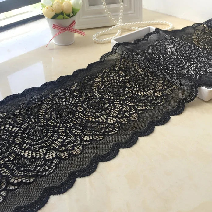 1 Meter Black Elastic Lace Trim - Floral Stretch Lace for Lingerie & Garments