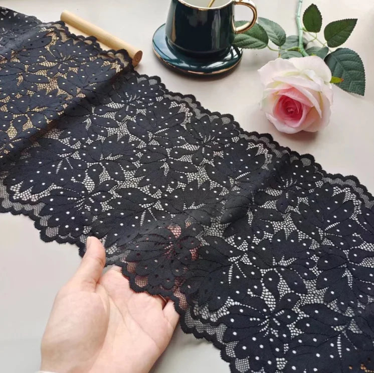 1 Meter Black Elastic Lace Trim - Floral Stretch Lace for Lingerie & Garments