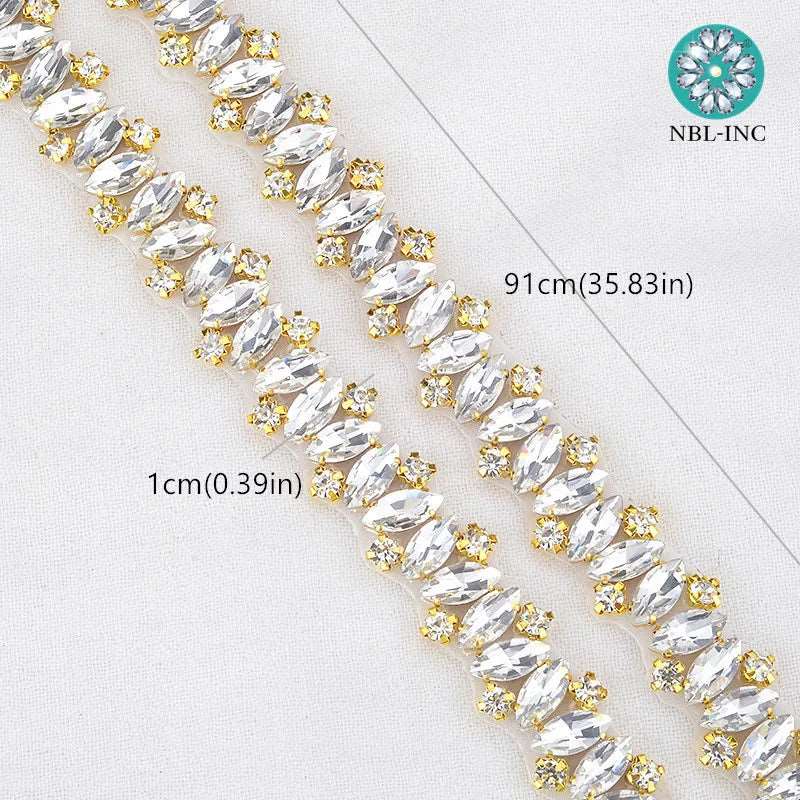 (1 YARD) Silver clear bridal beaded crystal rhinestone applique trim belt gold sewing iron on for wedding dress clothing WDD0278