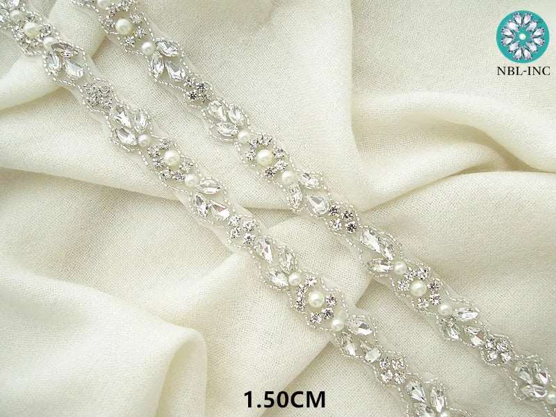 (1 YARD) Silver clear bridal beaded crystal rhinestone applique trim belt gold sewing iron on for wedding dress clothing WDD0278