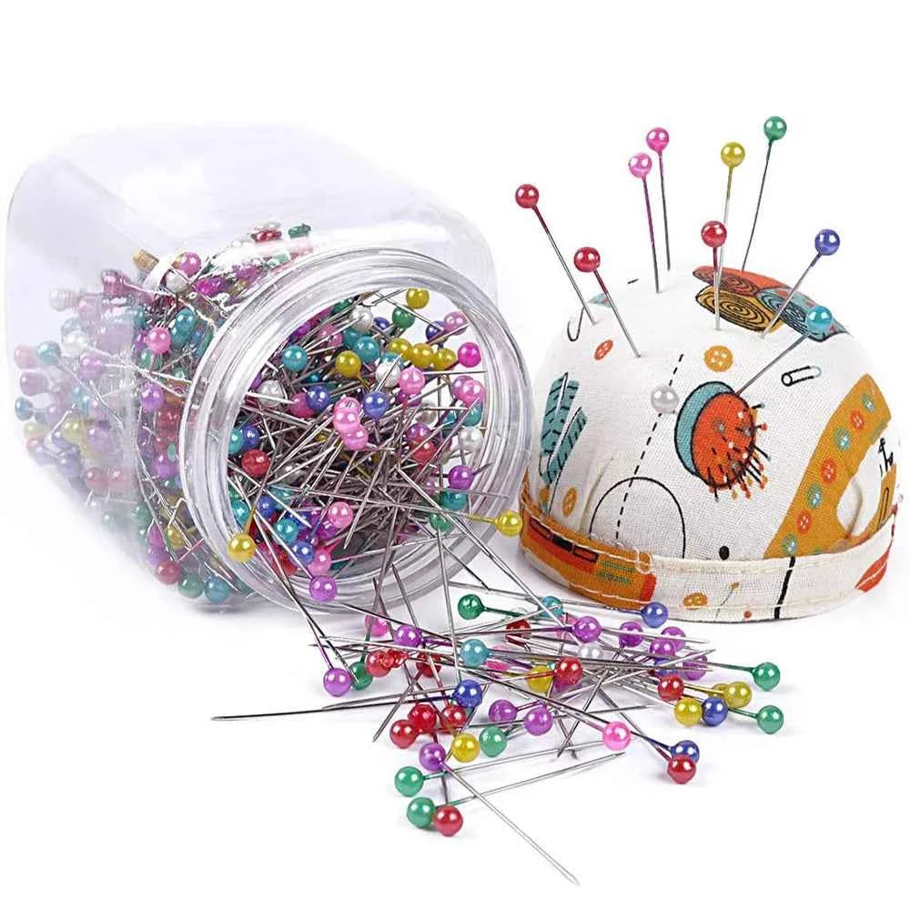 500pcs Pearl Head Quilting Pins - Multi-Color Ball Head Pins in Fabric Cushion Bottle