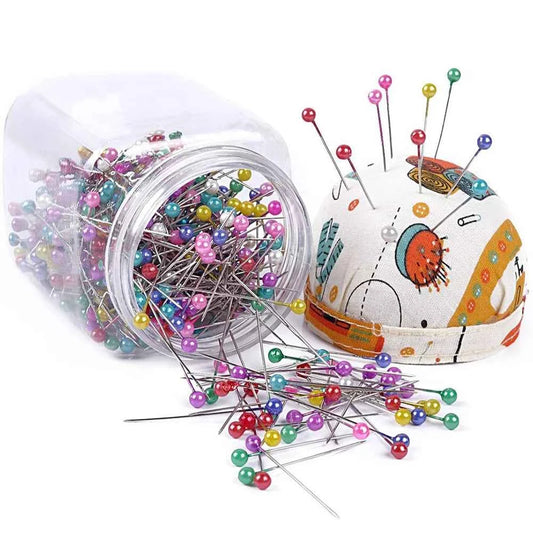 500pcs Pearl Head Quilting Pins - Multi-Color Ball Head Pins in Fabric Cushion Bottle