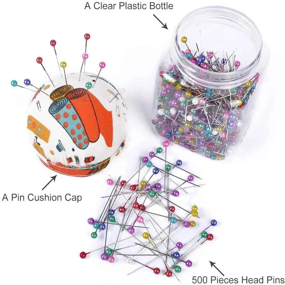 500pcs Pearl Head Quilting Pins - Multi-Color Ball Head Pins in Fabric Cushion Bottle