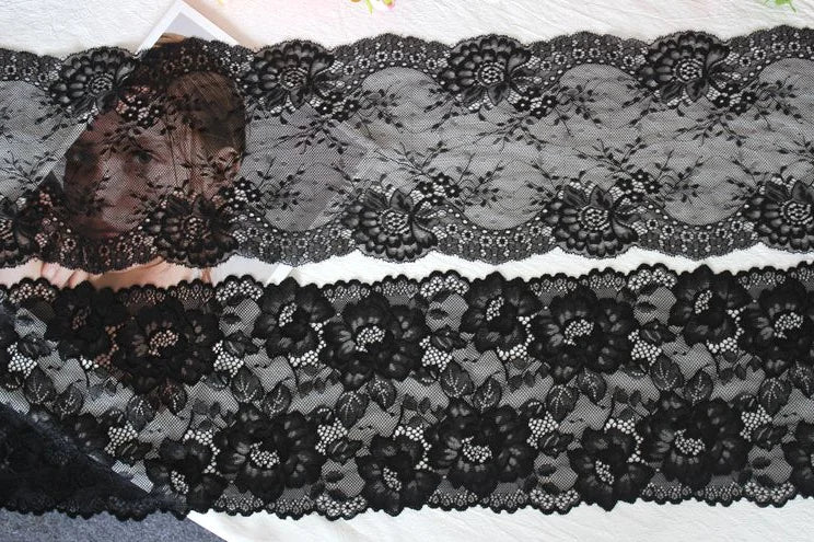 1 Meter Black Elastic Lace Trim - Floral Stretch Lace for Lingerie & Garments