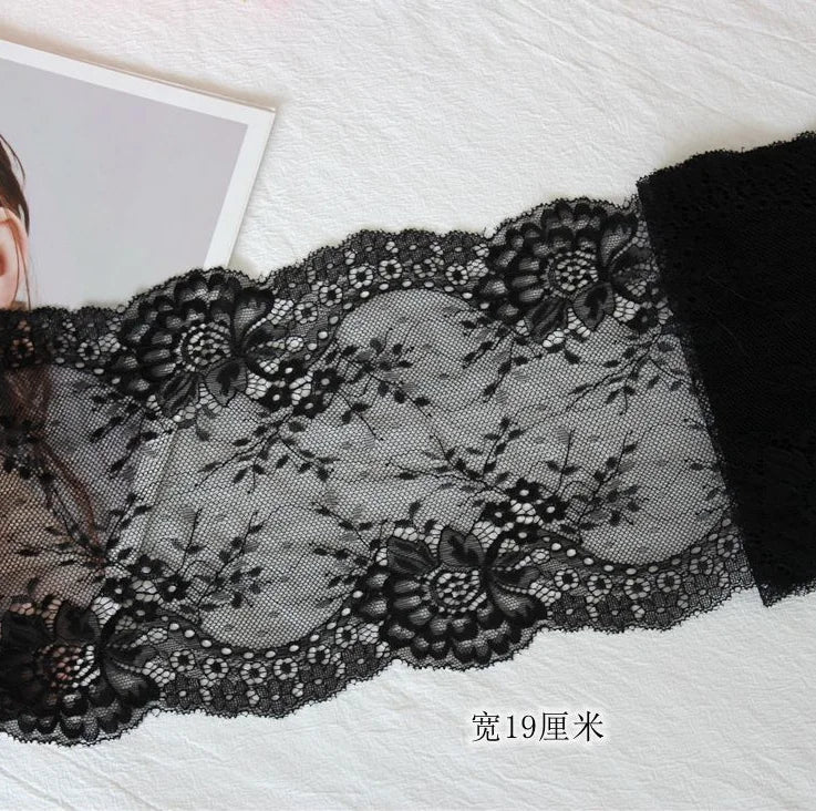 1 Meter Black Elastic Lace Trim - Floral Stretch Lace for Lingerie & Garments