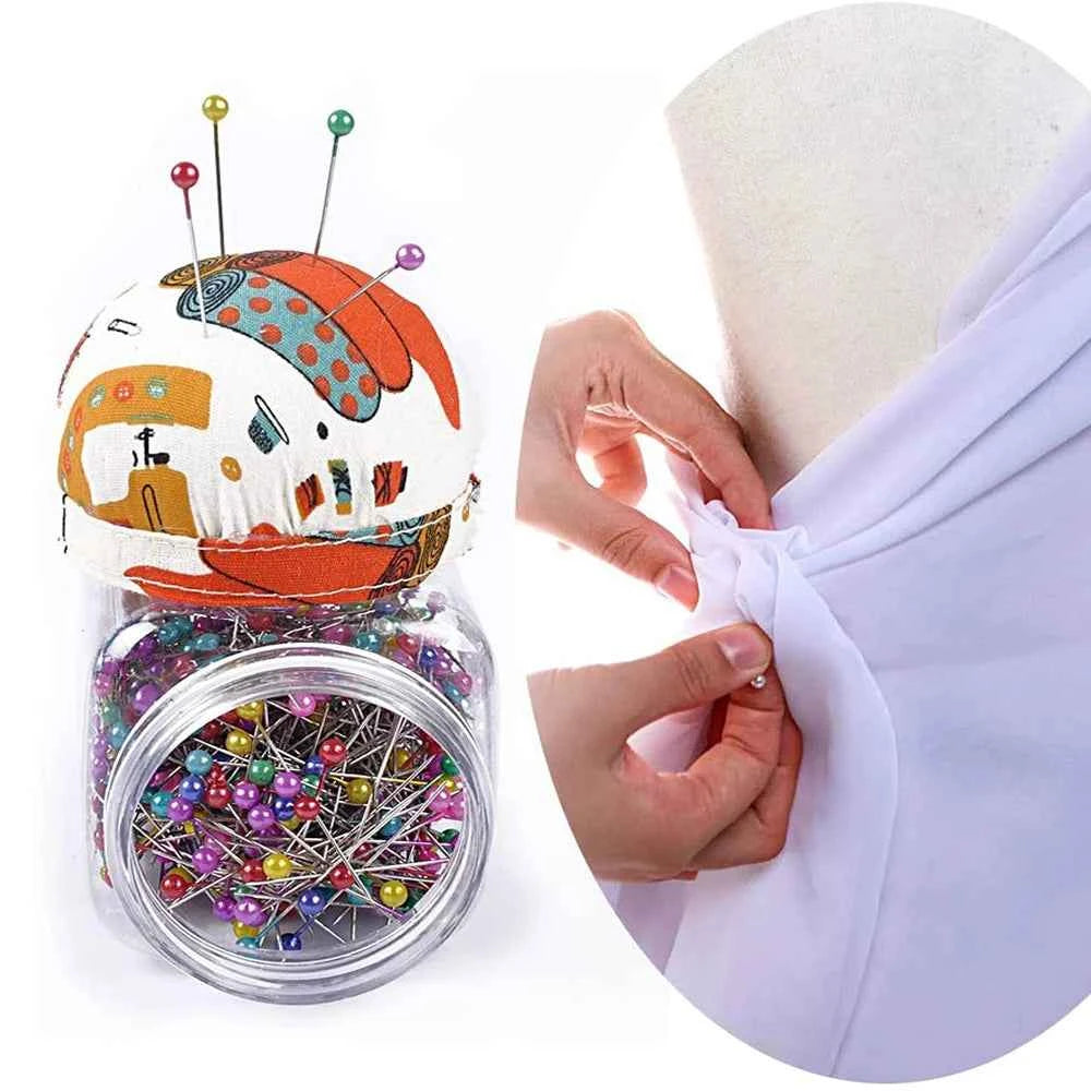 500pcs Pearl Head Quilting Pins - Multi-Color Ball Head Pins in Fabric Cushion Bottle