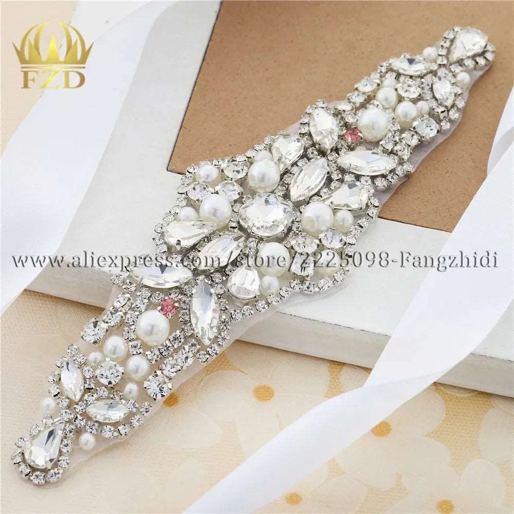 (1 piece) Sew On Strass Applique Rhinestone For Wedding Belt Pearl Patch Crystals Iron On Glass For Bridal Headband Trim