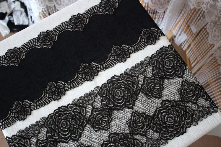 1 Meter Black Elastic Lace Trim - Floral Stretch Lace for Lingerie & Garments