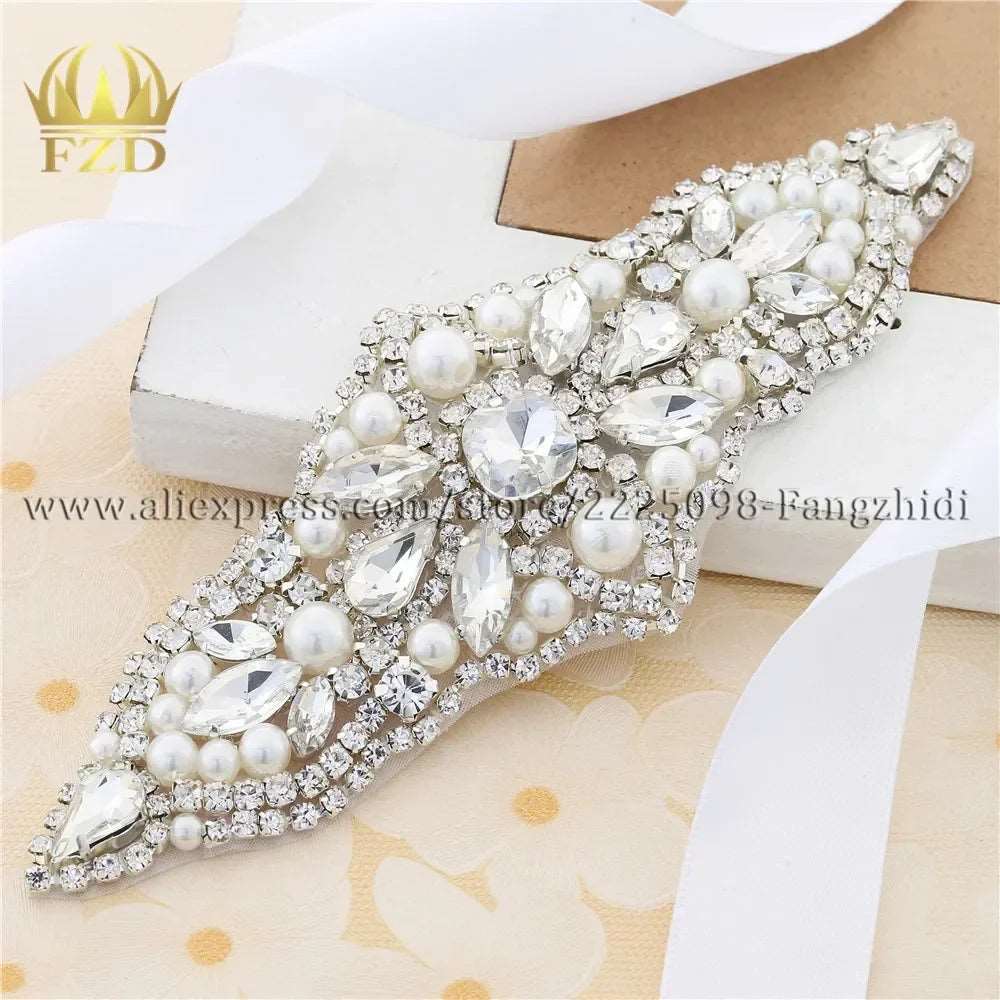 (1 piece) Sew On Strass Applique Rhinestone For Wedding Belt Pearl Patch Crystals Iron On Glass For Bridal Headband Trim