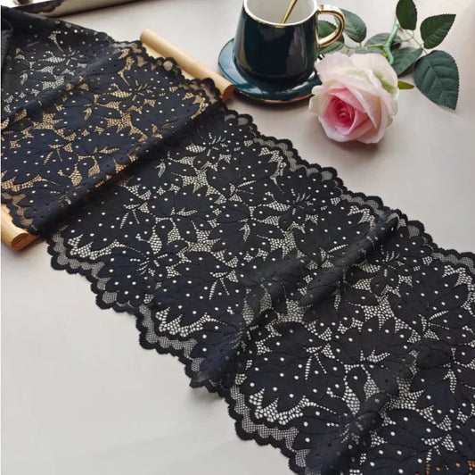 1 Meter Black Elastic Lace Trim - Floral Stretch Lace for Lingerie & Garments