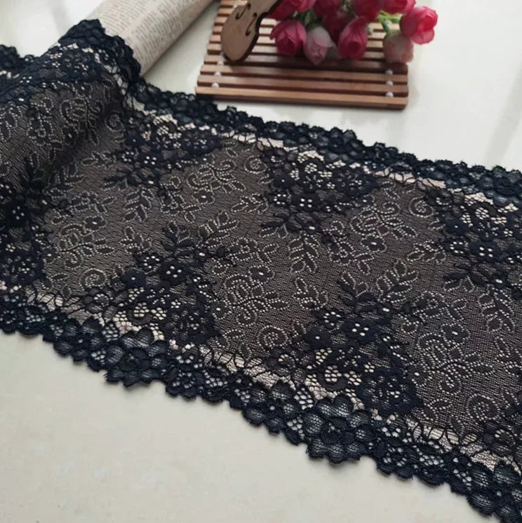 1 Meter Black Elastic Lace Trim - Floral Stretch Lace for Lingerie & Garments