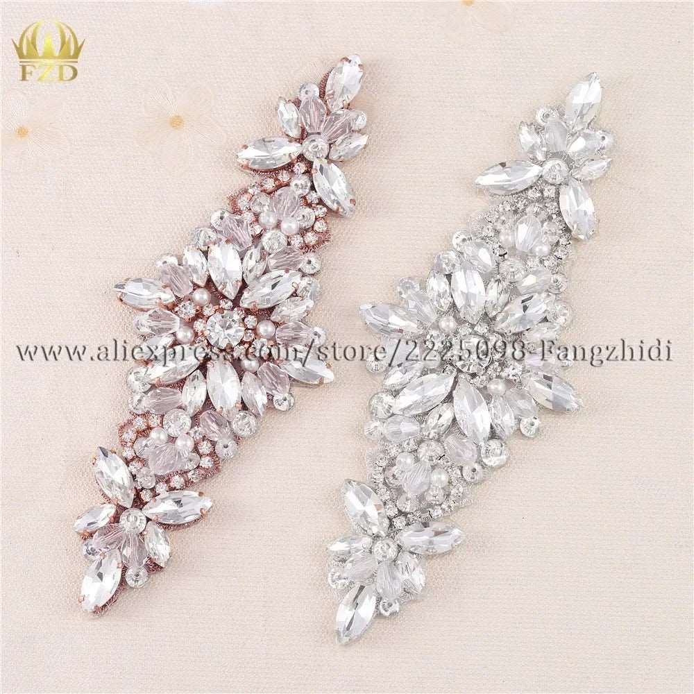 (1 piece) Sew On Strass Applique Rhinestone For Wedding Belt Pearl Patch Crystals Iron On Glass For Bridal Headband Trim