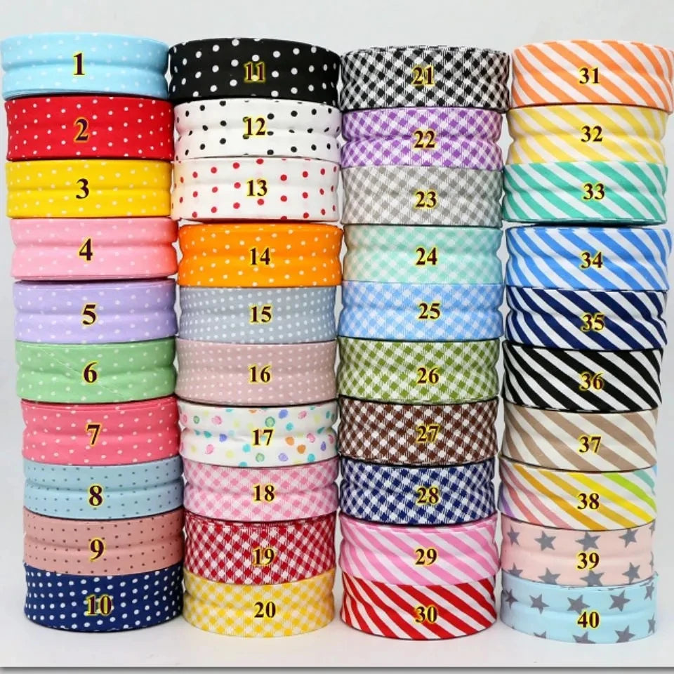 Cotton Bias Binding Tape 20-25mm x 5m - Printed Dots, Stripes & Tartan Patterns