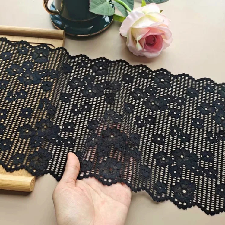 1 Meter Black Elastic Lace Trim - Floral Stretch Lace for Lingerie & Garments