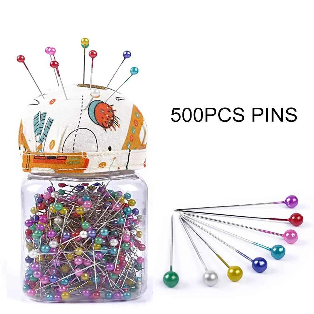 500pcs Pearl Head Quilting Pins - Multi-Color Ball Head Pins in Fabric Cushion Bottle