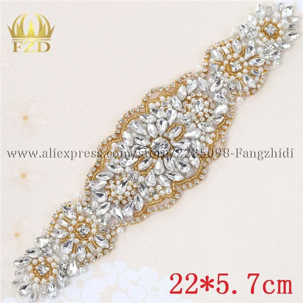 (1 piece) Sew On Strass Applique Rhinestone For Wedding Belt Pearl Patch Crystals Iron On Glass For Bridal Headband Trim