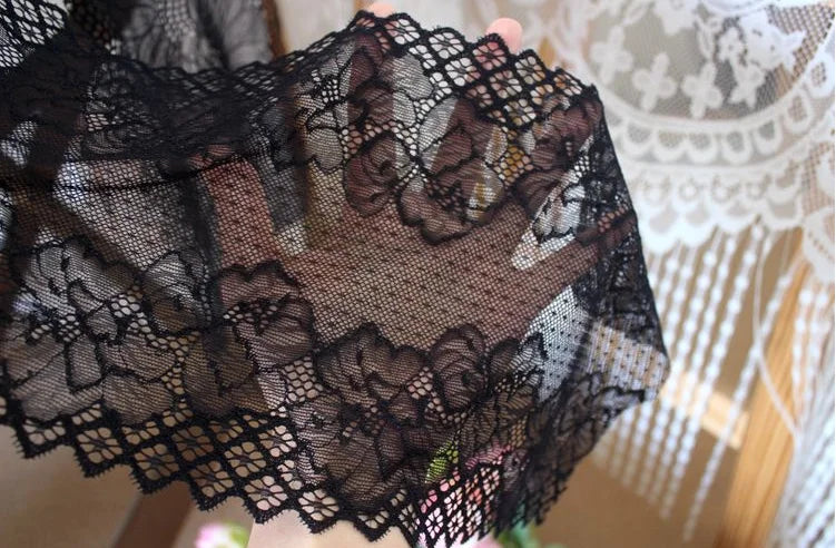 1 Meter Black Elastic Lace Trim - Floral Stretch Lace for Lingerie & Garments