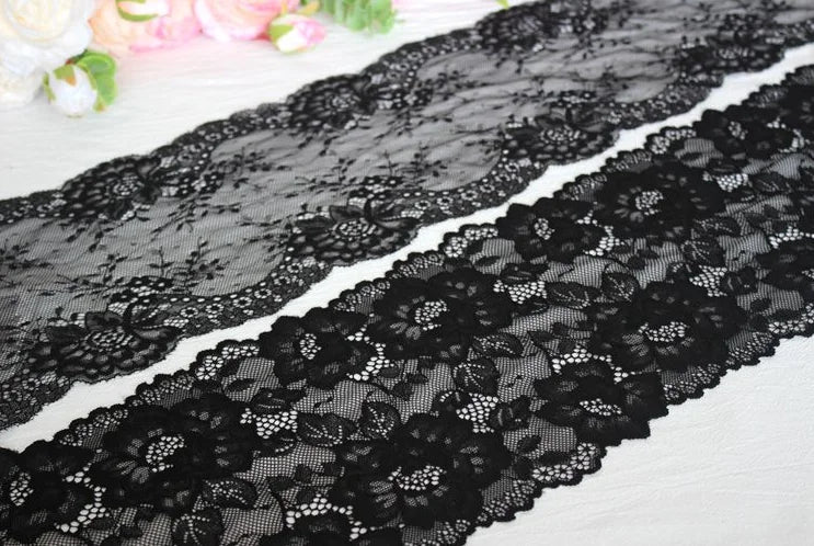 1 Meter Black Elastic Lace Trim - Floral Stretch Lace for Lingerie & Garments
