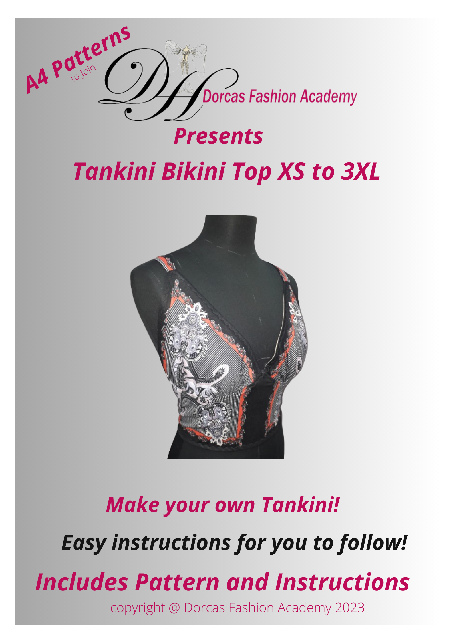 TANKINI TOP PDF SEWING PATTERN AND INSTRUCTIONS XS-3XL