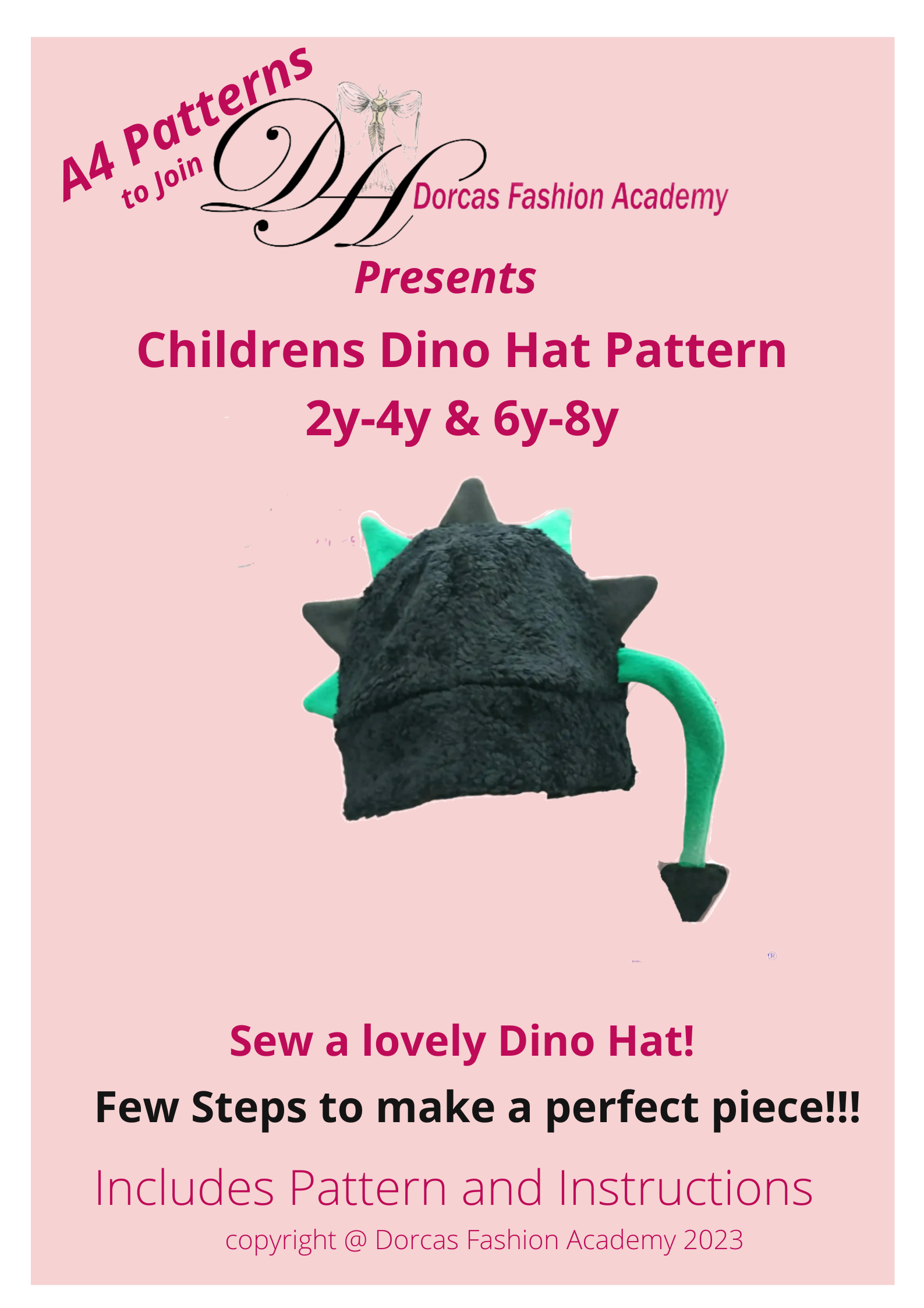 KIDS DINO HAT - SEWING PDF PATTERN AND INSTRUCTIONS 2-8 YEARS